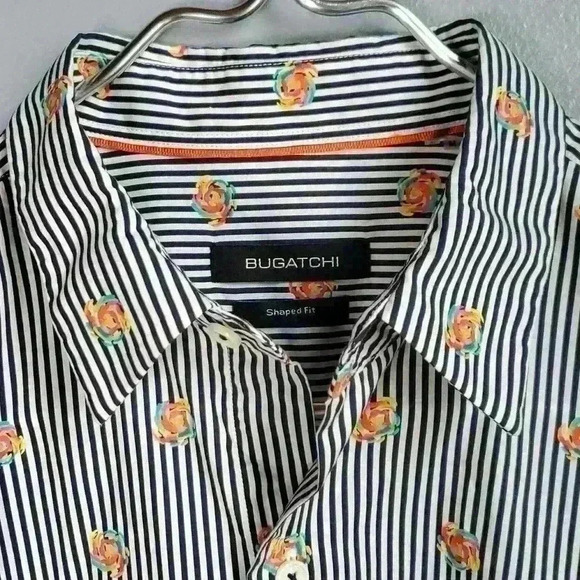 Bugatchi Men's Shaped Fit Spring Rose Print Pin Stripe Button Up Shirt sz M - Picture 2 of 11